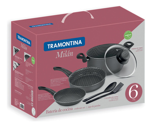 BATERIA DE COCINA TRAMONTINA 20599/390 MILAN=PARIS 6 PZ DE ALUMINIO C/ANTIAD. NEGRA