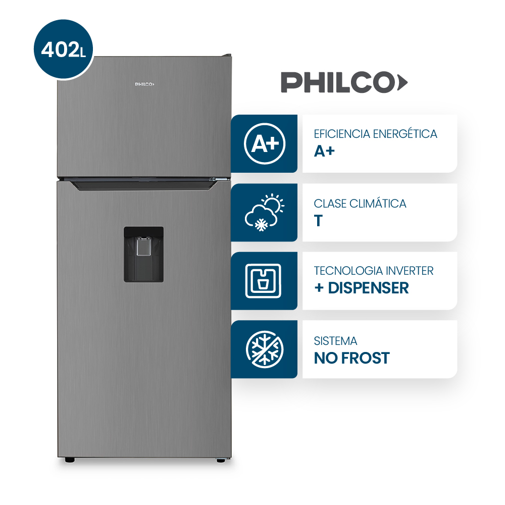 HELADERA PHILCO PHNT453XDI2 INV. 404 LT TOP MOUNT NO FROST DISP. INOX