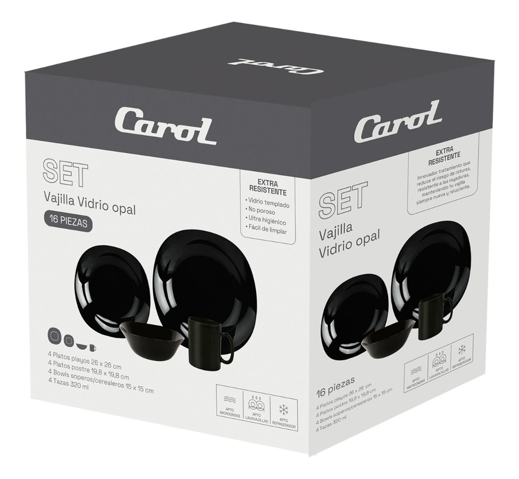 SET VAJILLA CAROL 64916 16 PZAS VIDRIO OPAL NEGRO