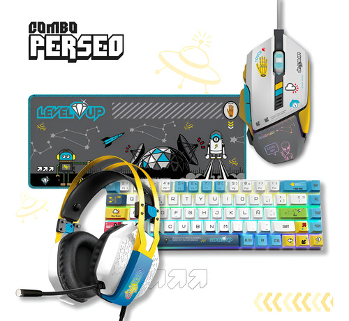 COMBO GAMER LEVEP UP PERSEO AURICULAR MOUSEPAD MOUSE Y TECLADO