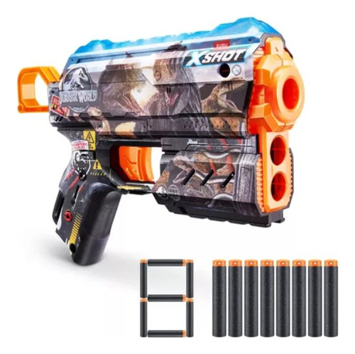 BLASTER LANZA DARDOS X-SHOT SKINS FLUX JURASSIC WORLD ZURU – 8 DARDOS INCLUIDOS