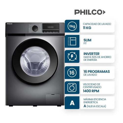 LAVARROPAS PHILCO PHLF111DGN2 INVERTER 11KG  GRIS 