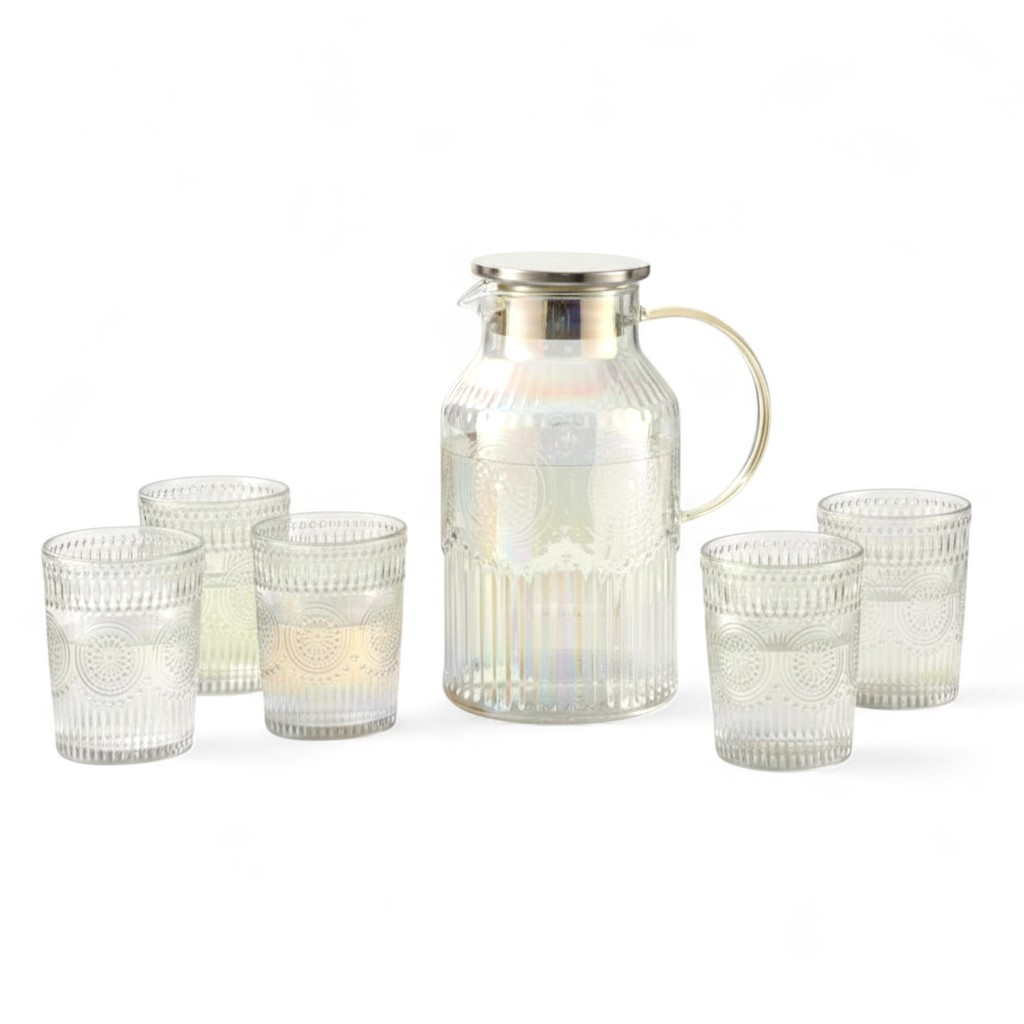 SET JARRA + 6 VASOS 350 ML VIDRIO PERLADO