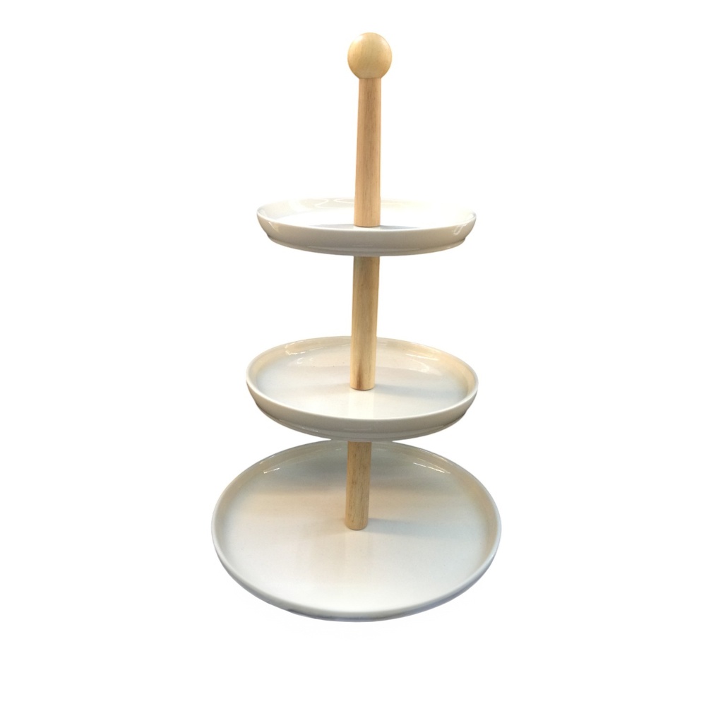 PLATO PARA MASAS 3 PISOS CERAMICA CON SOPORTE DE BAMBU C6116