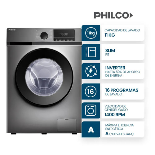 LAVARROPAS PHILCO 11KG PHLF111GN2 FRONTAL INVERTER GREY