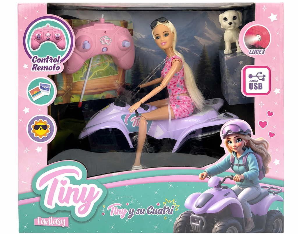 MUÑECA TINY CON CUATRICICLO A CONTROL REMOTO CARGA USB