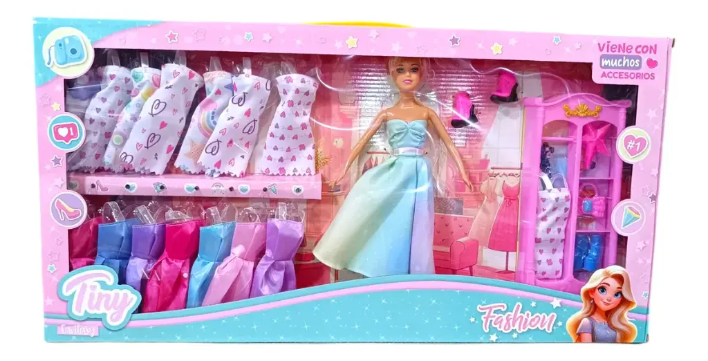 MUÑECA TINY FASHION CON 16 VESTIDOS Y ACCESORIOS 3404 