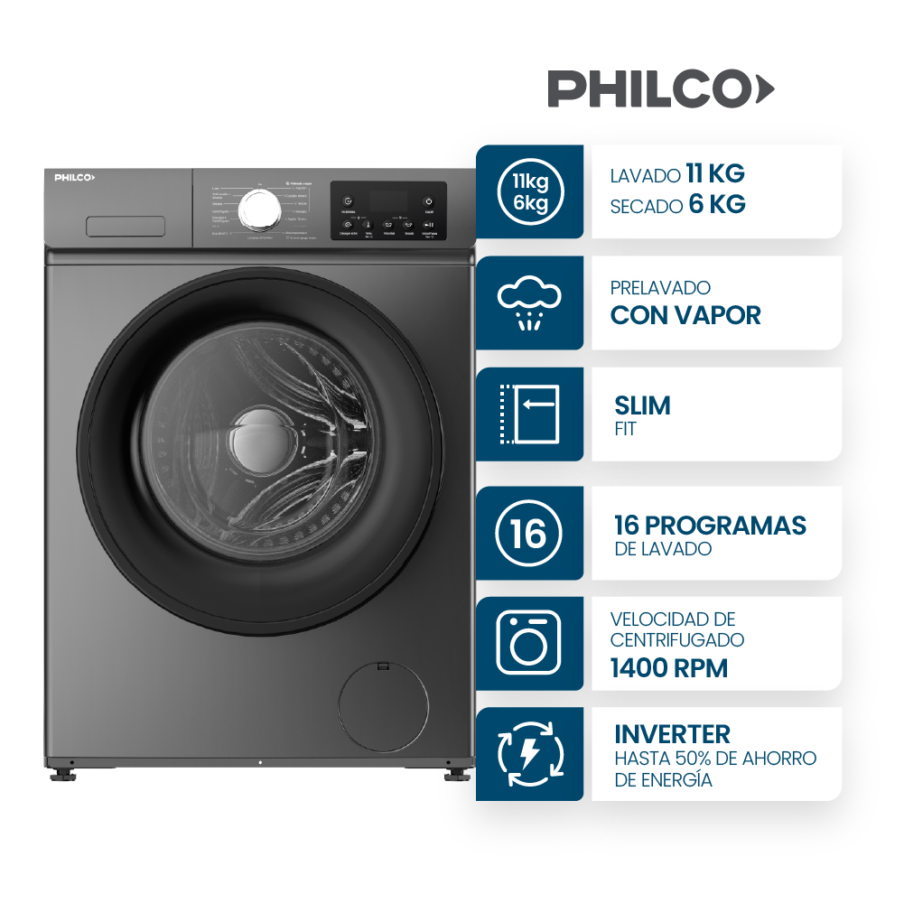 LAVASECARROPAS PHILCO PHLS116-7GN INVERTER 11 KG CARGA FRONTAL GREY