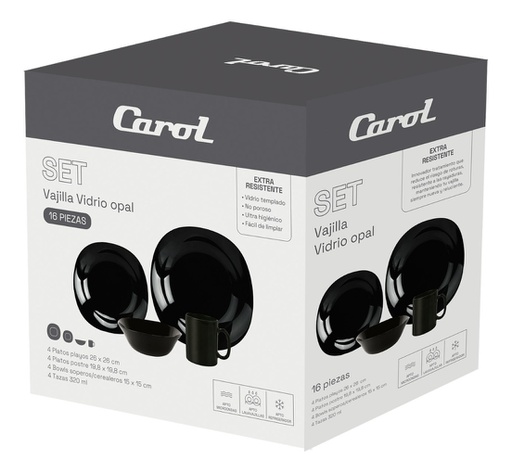 [11701095] SET VAJILLA CAROL 64916 16 PZAS VIDRIO OPAL NEGRO