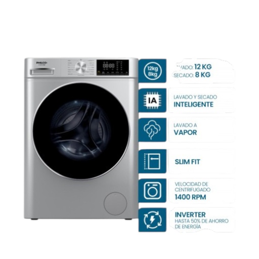[57462040] LAVASECARROPAS PHILCO PHLS128-2GSN INVERTER 12KG FRONTAL SILVER